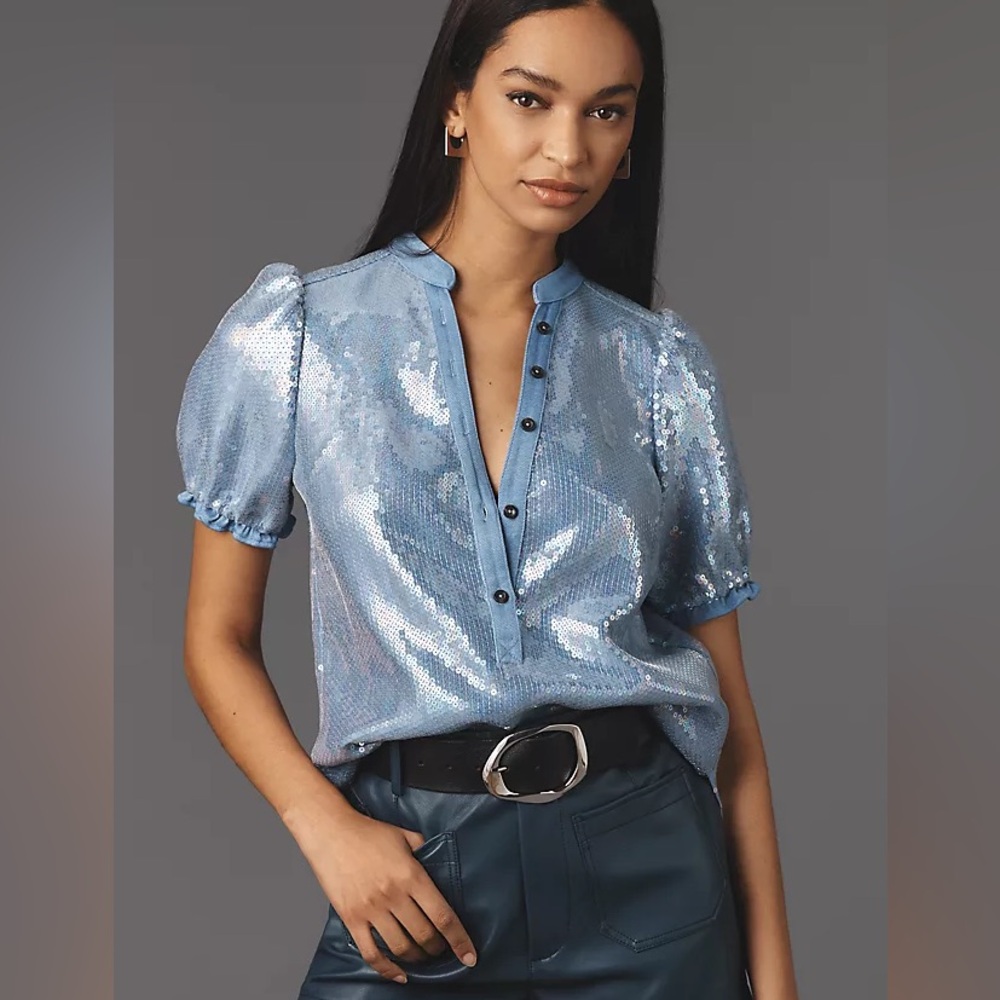 Pilcro Light Blue Sequin Puff-Sleeve Blouse